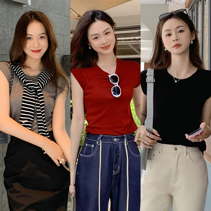 美洋MEIYANG气质欧尼外穿桑蚕丝T恤夏季圆领修身显瘦短款袖