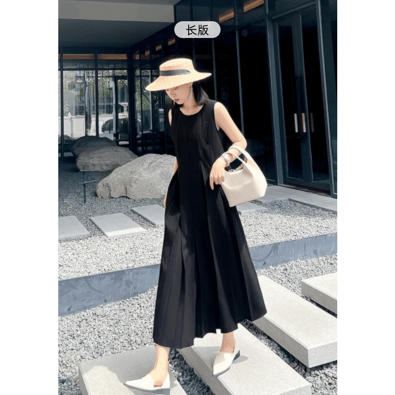 美洋MEIYANG仙女褶连衣裙 仿醋酸压褶无袖背心裙