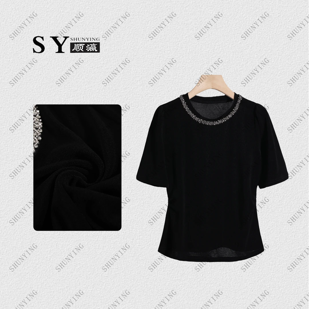顺瀛【珠光宝气】夏季新款重工镶钻圆领短袖显瘦纯色T恤SY62T9090