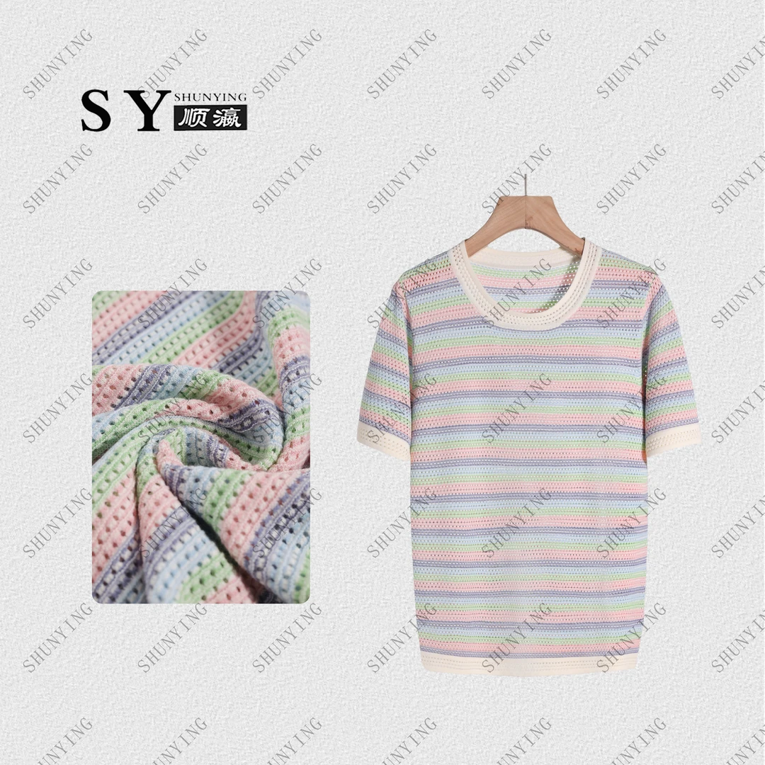 顺瀛【夏季缤纷】夏季新款显瘦圆领撞色条纹镂空针织T恤SY62ZZ5713