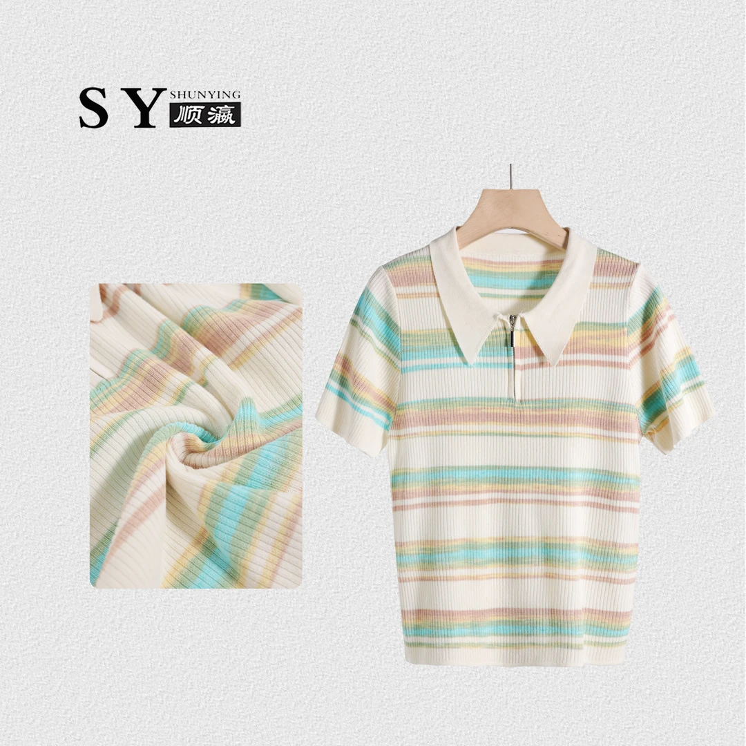 【顺瀛】夏季新款显瘦正肩POLO领打底彩虹条纹短袖T恤SY62T9121