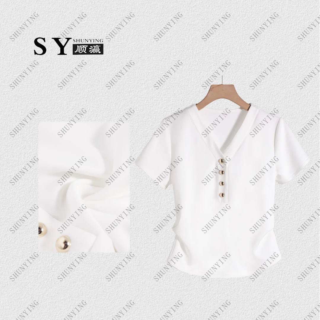 顺瀛【金扣小蛮腰】夏季新款正肩V领褶皱收腰百搭短袖T恤SY62T6678