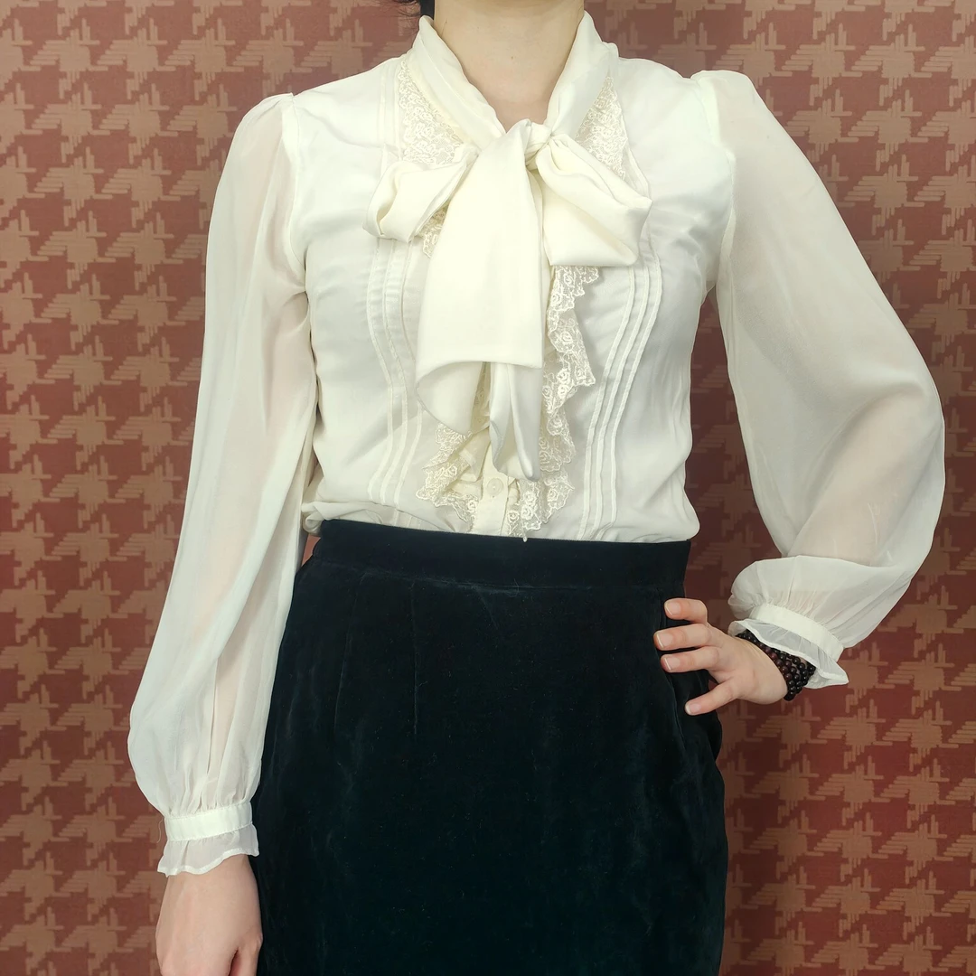 中古古着衬衫vintage娃娃领女士翻领时尚气质衬衣小众百搭