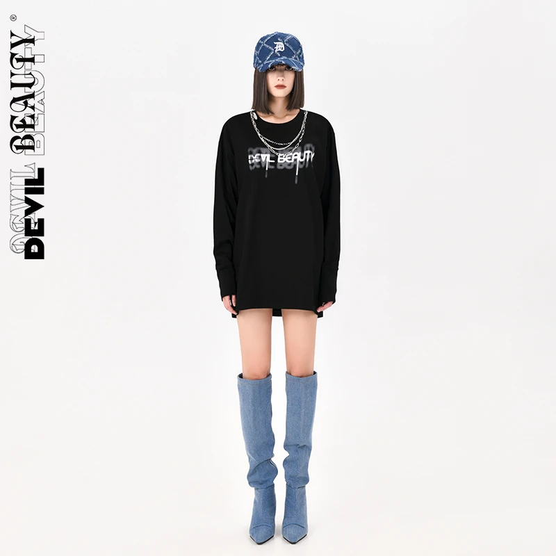 devilbeauty圆领印花金属链条装饰长袖T恤卫衣DBAF-TEE032