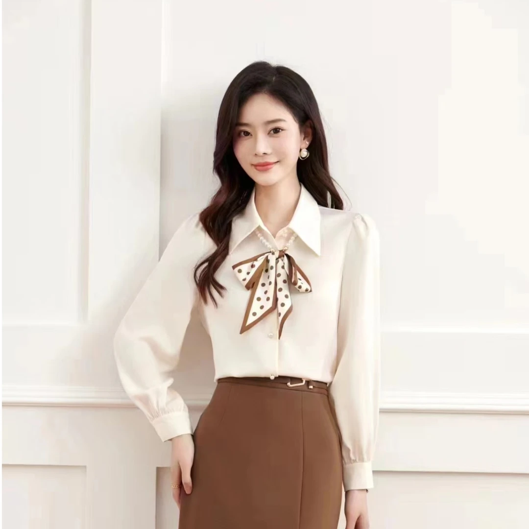 2023秋季新款气质通勤职业衬衫女法式波点蝴蝶结长袖上衣2341
