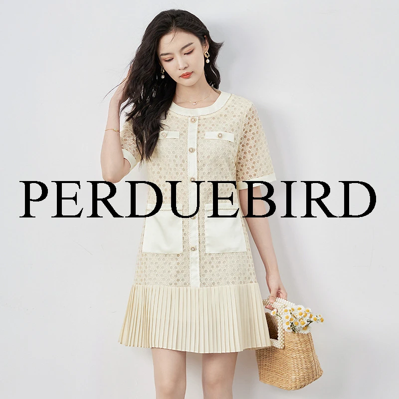 PERDUEBIRD-名媛气质显瘦收腰水溶花蕾丝拼双绉雪纺连衣裙子