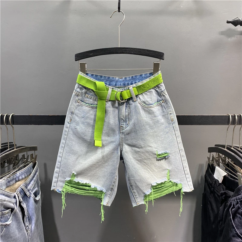 夏季新款破洞水洗浅蓝色磨白破洞乞丐五分牛仔短裤女宽松直筒中裤