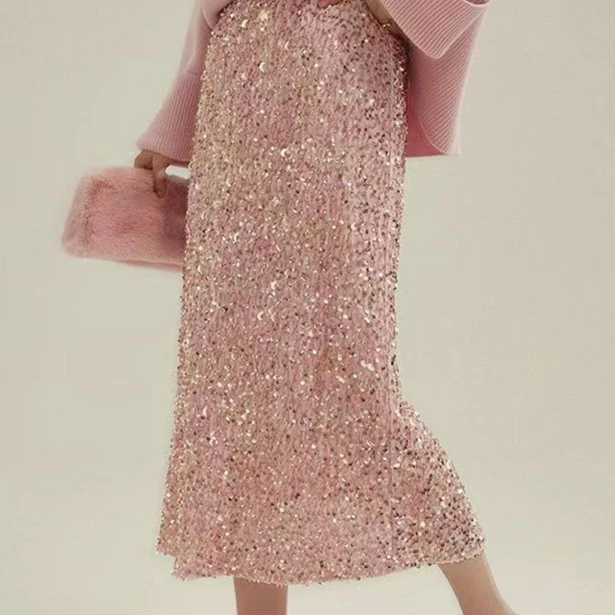 十七推荐 秋23新款丝绒高档亮片气质百搭显瘦直筒开叉女款半身裙