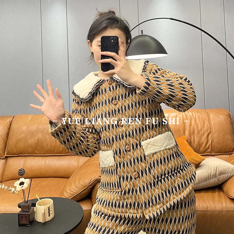 玛伦萨冬季加厚夹棉睡衣女新款长袖翻领休闲可外穿家居服套装0444