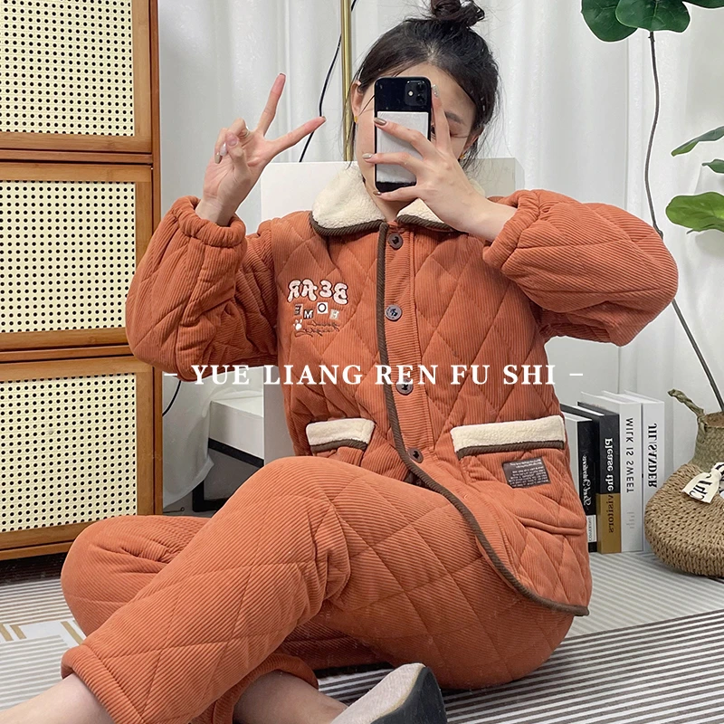 芬腾冬季夹棉睡衣女士新款加绒加厚保暖休闲可外穿家居服套装0329