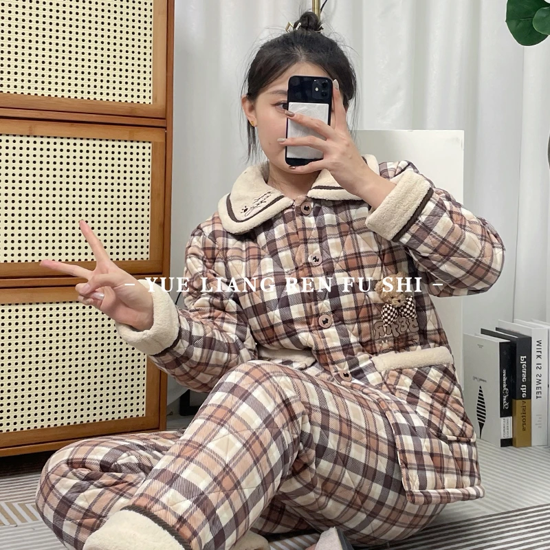 芬腾女士加绒加厚夹棉睡衣冬季保暖格纹宽松可外穿家居服套装0297