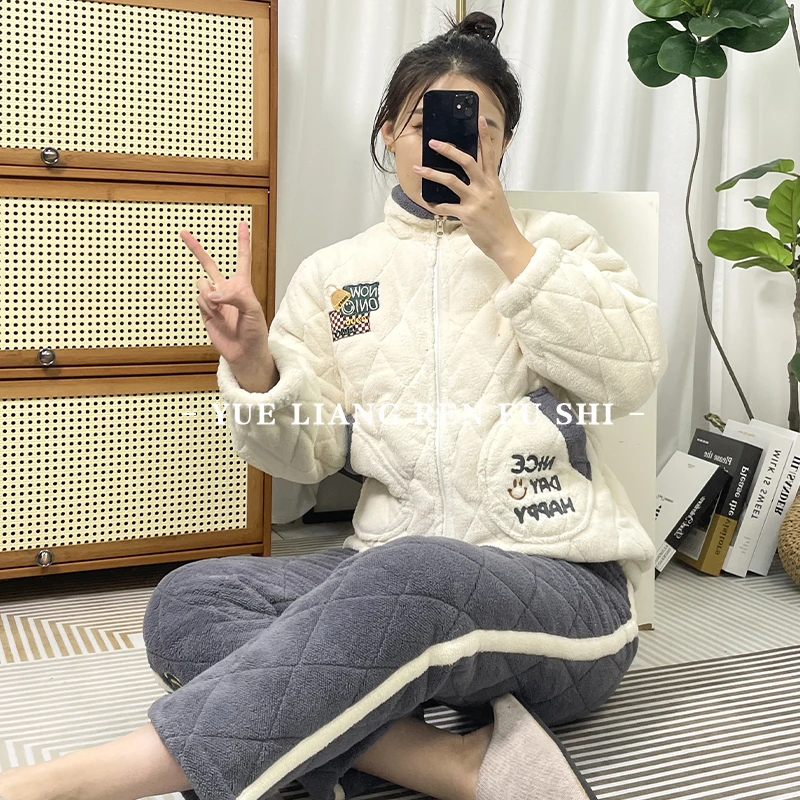 芬腾女士立领夹棉睡衣冬款加绒加厚保暖休闲可外穿家居服套装0506