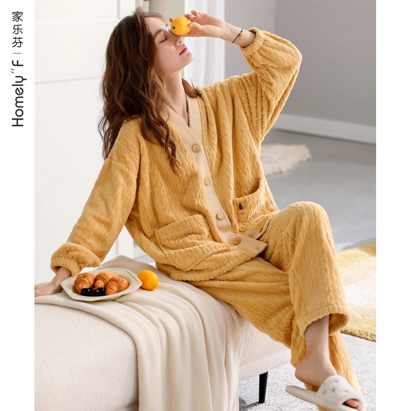 家乐芬【珊瑚绒】冬季女款法兰绒加绒加厚珊瑚绒女士家居服睡衣