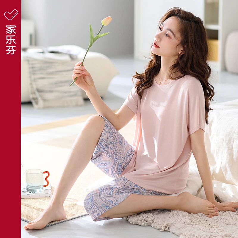 [凉感]睡衣女士夏季莫代尔短袖七分裤家居服夏天夏款薄款冰丝套装