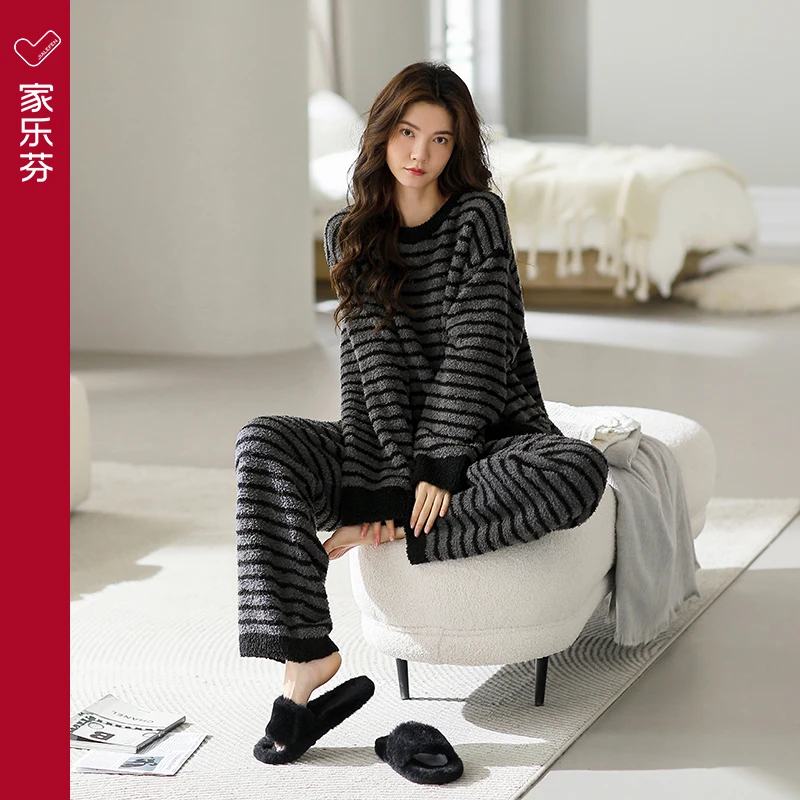 家乐芬睡衣秋冬款女士半边绒大码珊瑚绒家居服套装女冬季加绒加厚