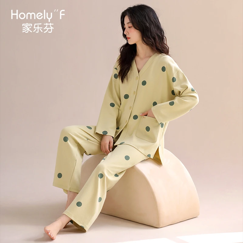 家乐芬【新疆棉】春秋款纯棉长袖波点女款家居服长裤四季款款套装
