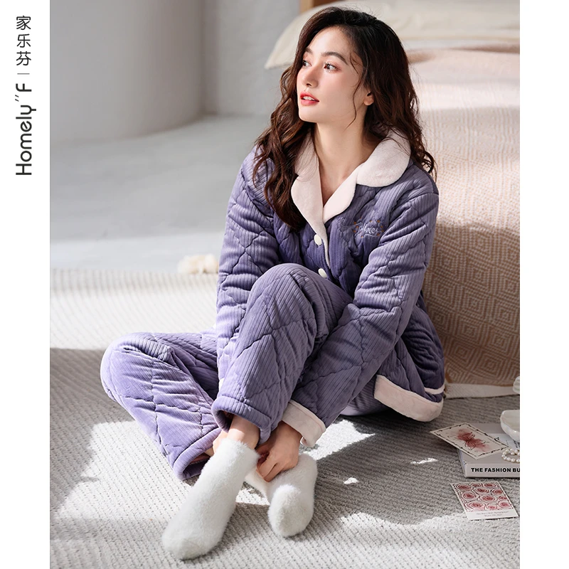 睡衣女冬季冬天珊瑚绒法兰绒夹棉袄三层加厚超厚加绒家居服秋冬款