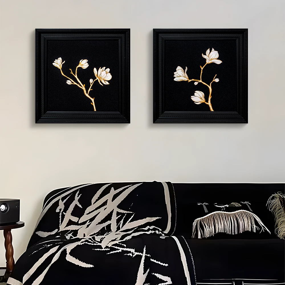 法式中古风两联装饰画黑色小众艺术客厅玄关柜复古壁画兰花3838