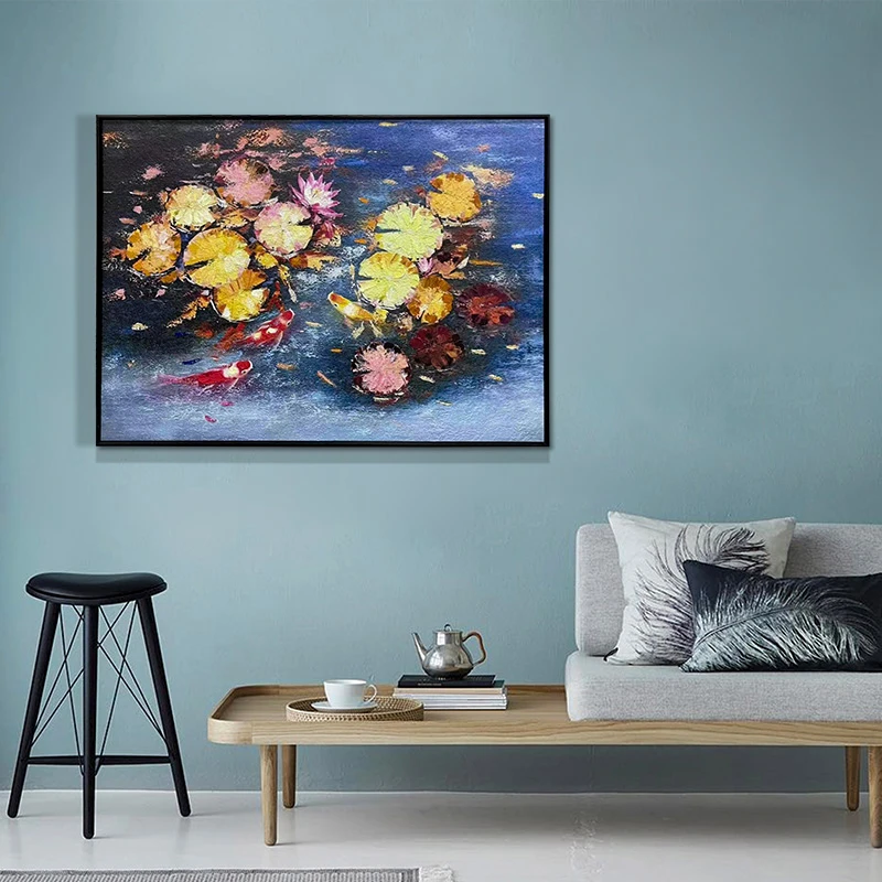 工油画入户玄关走廊过道客厅背景墙画现代简约装饰画睡莲6080