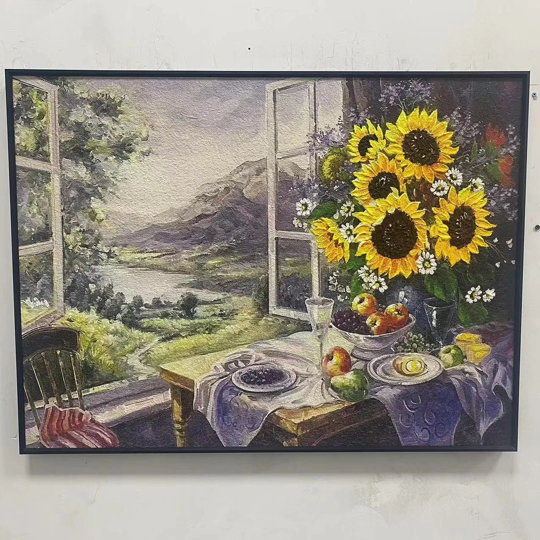 手工油画入户玄关走廊过道客厅背景墙现代简约挂画向日葵6080