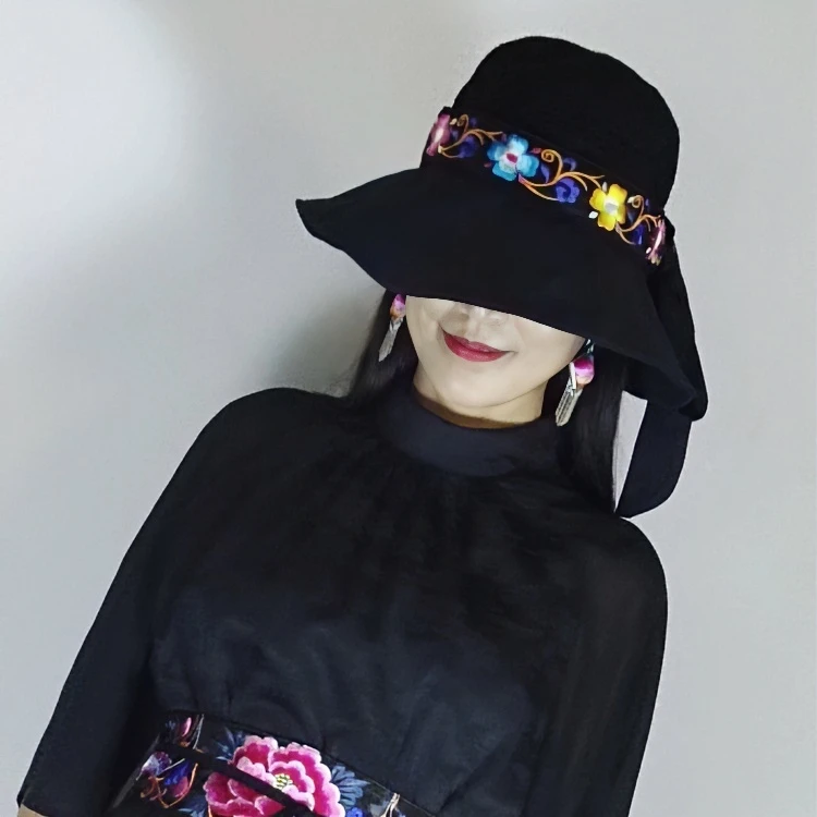 巧手翠翠女士时尚刺绣帽百搭复古民族风夏季黑色太阳帽防紫外线