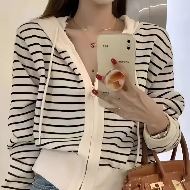 秋冬独特别致条纹连帽长袖上衣设计感小众拉链毛衣针织开衫外套女