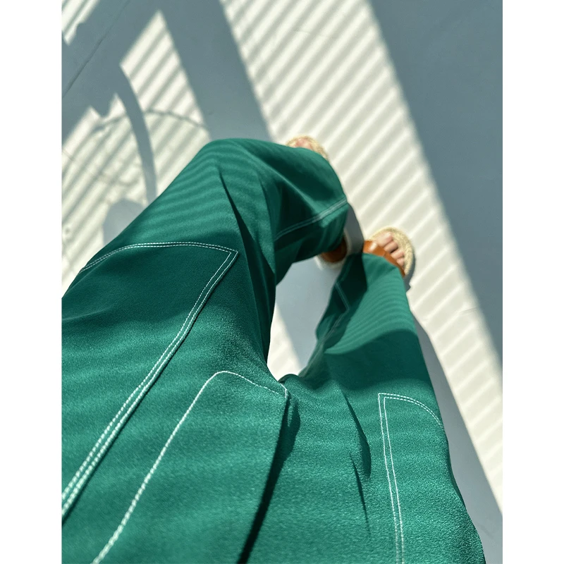 糖皮出品 窄众特别款 祖母绿撞色 夏季轻薄高腰宽松阔腿拖地裤