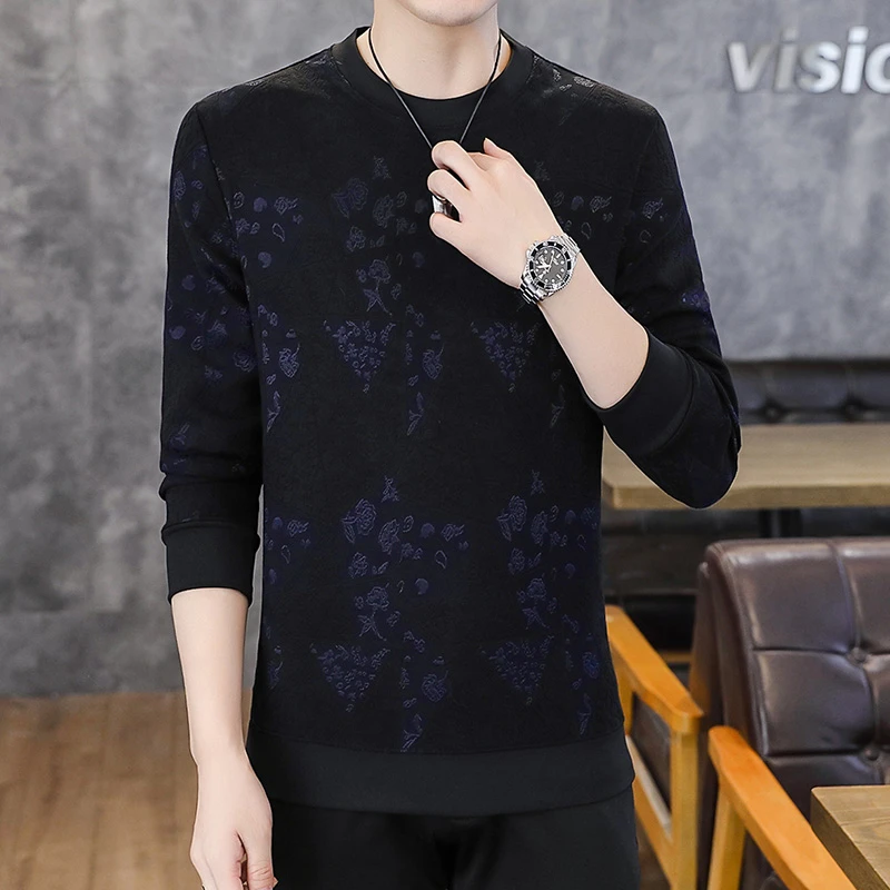 男士绣花长袖卫衣圆领T恤百搭男装秋季新款时尚帅气上衣韩版内穿