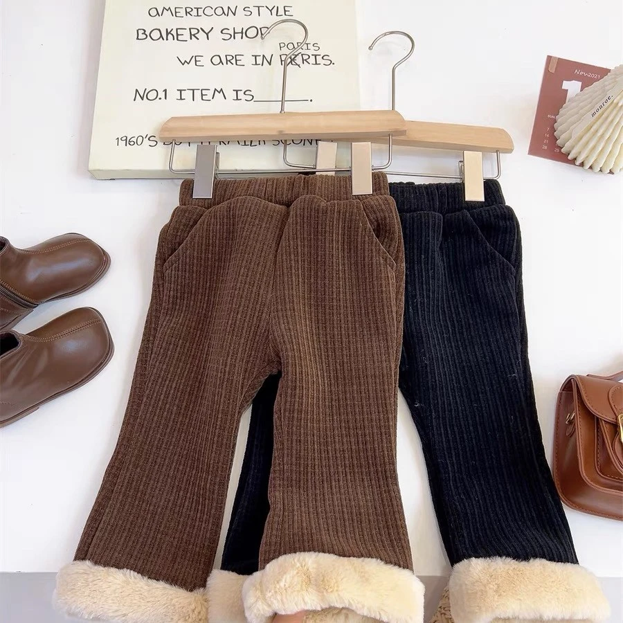韩系童装女童新款冬装女宝宝韩版百搭裤子洋气一体绒长裤喇叭裤