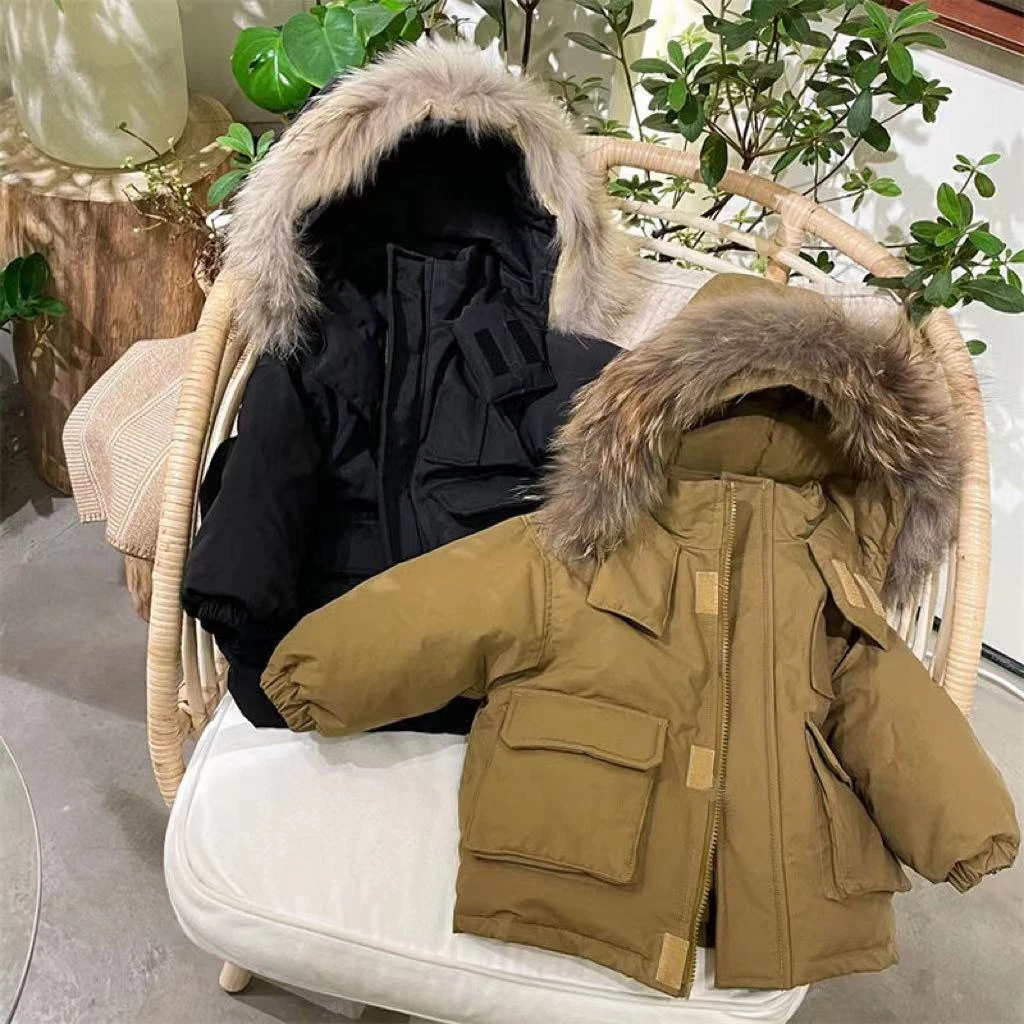 韩系男女童冬款棉服大毛领加绒派克服纯色男童女童宽松休闲连帽