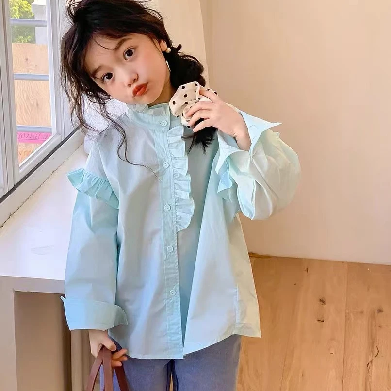 女童立领荷叶边衬衫春秋款新款儿童女宝法式小衫洋气时髦