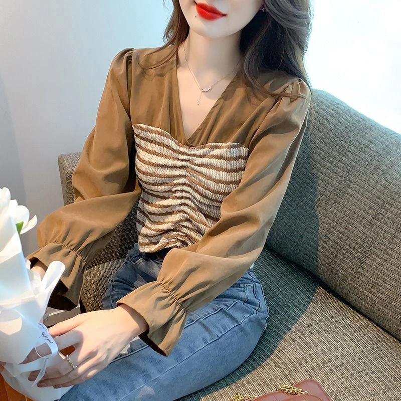 假两件拼接条纹衬衫女士秋装v领抽绳短款小衫独特别致小上衣春季