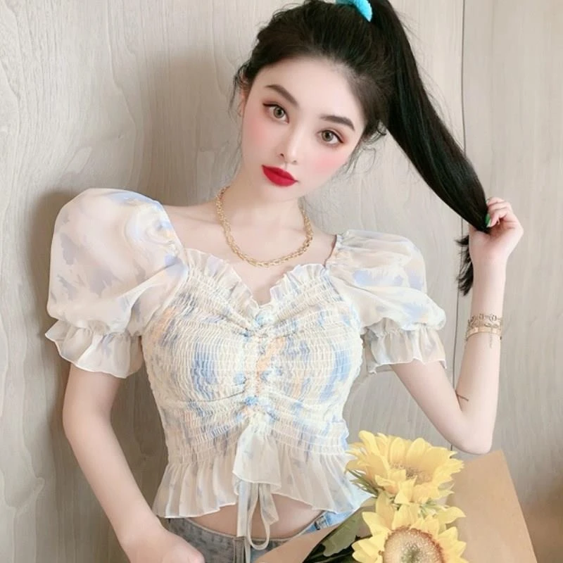 2024夏季韩版荷叶边褶皱雪纺衫甜美小个子泡泡袖抽绳系带上衣女潮