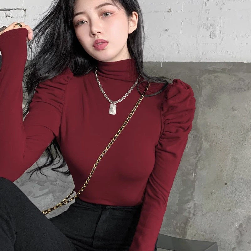 莫代尔加厚磨毛秋冬季半高领内搭打底衫女长袖泡泡袖t恤保暖上衣