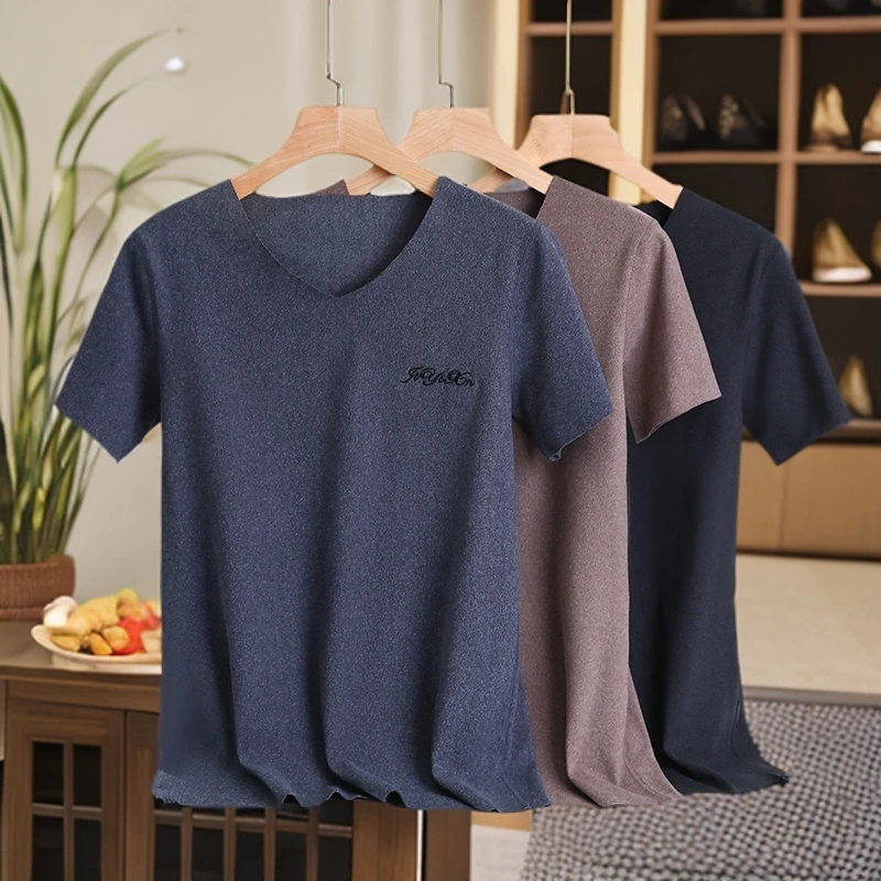 冬季无痕保暖短袖男士加绒加厚T恤德绒V领修身大码内衣半袖打底衫