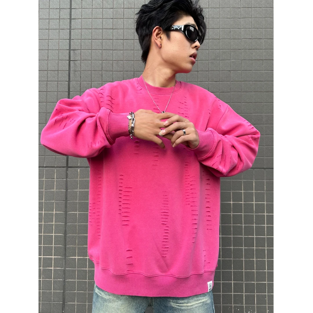 BANERIST高街刀割破洞圆领宽松重磅卫衣男潮牌情侣装休闲上衣