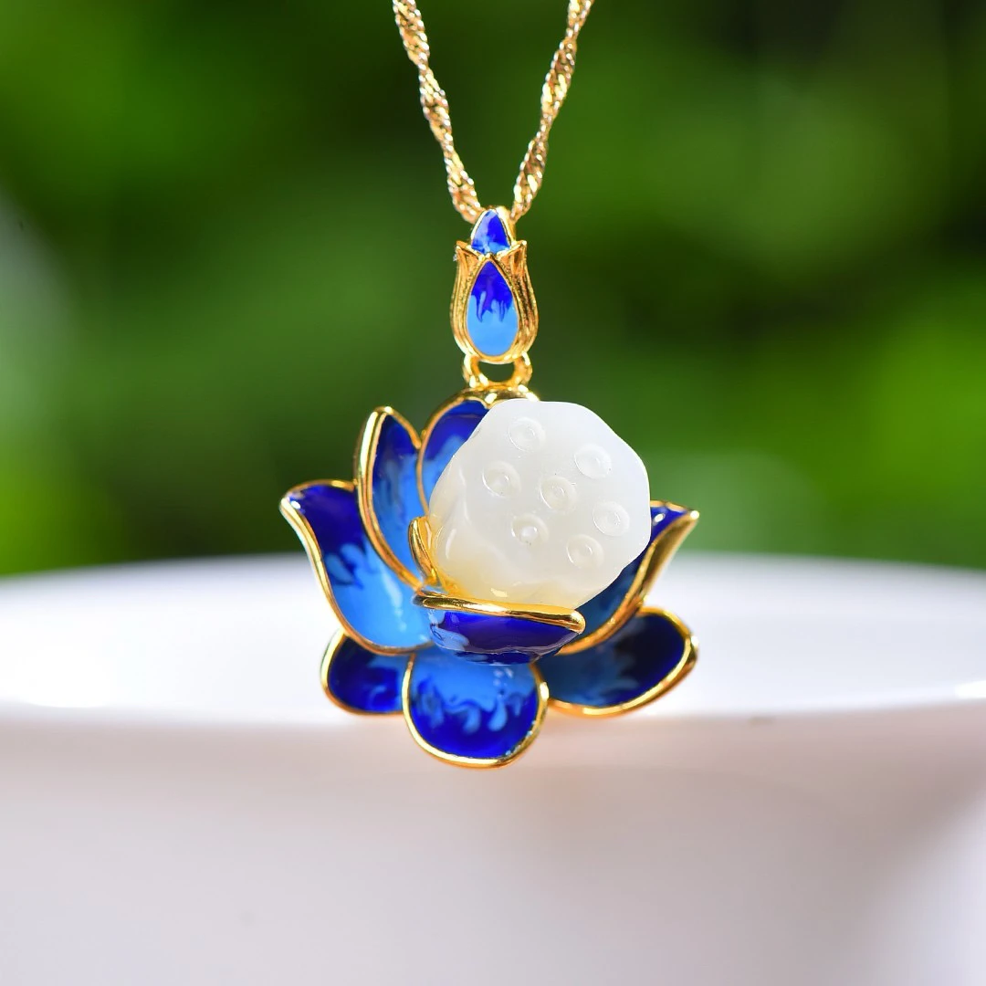 S925银镶嵌天然和田玉荷花莲花珐琅莲蓬吊坠6107不含链