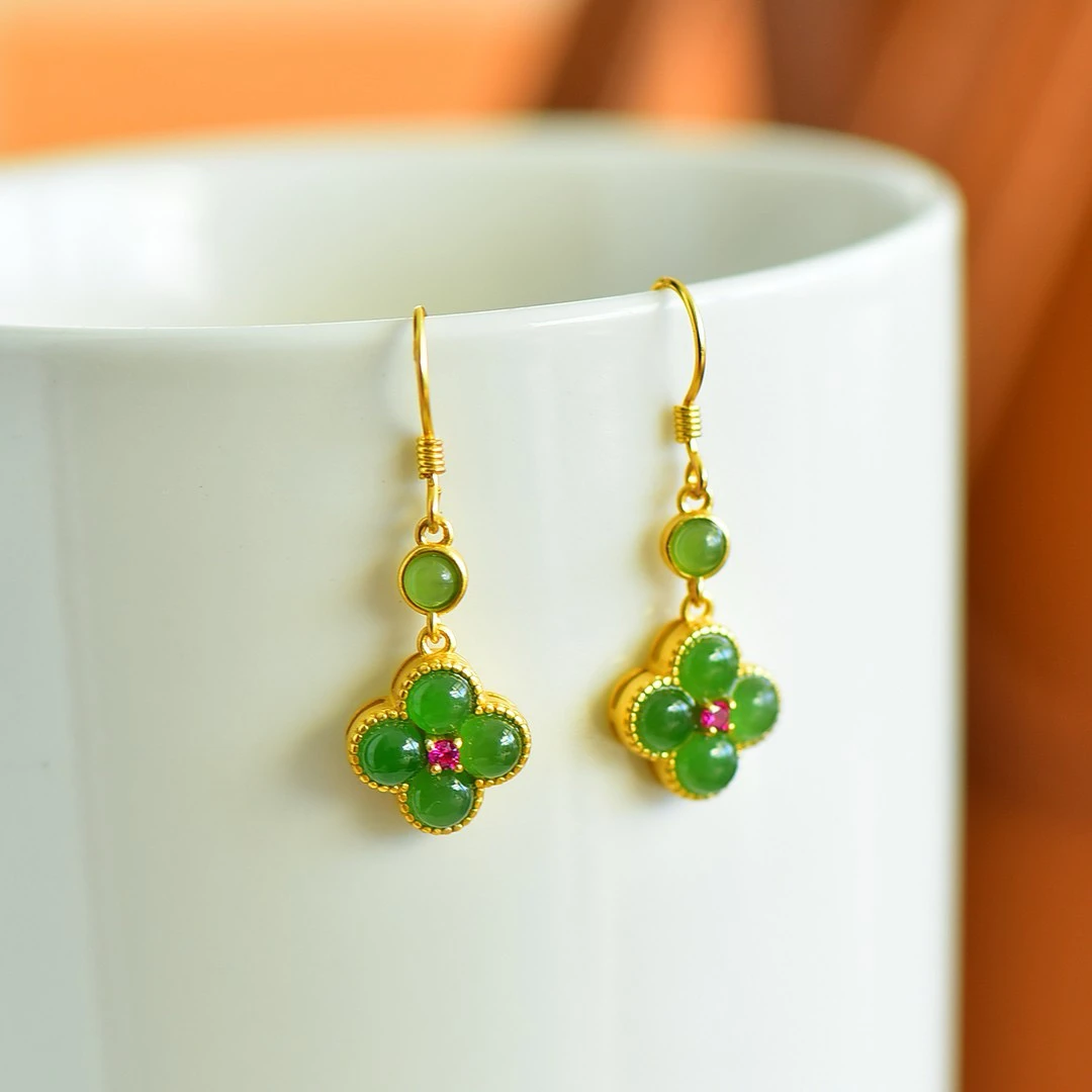 S925银镶嵌天然和田玉碧玉四叶草耳坠12251