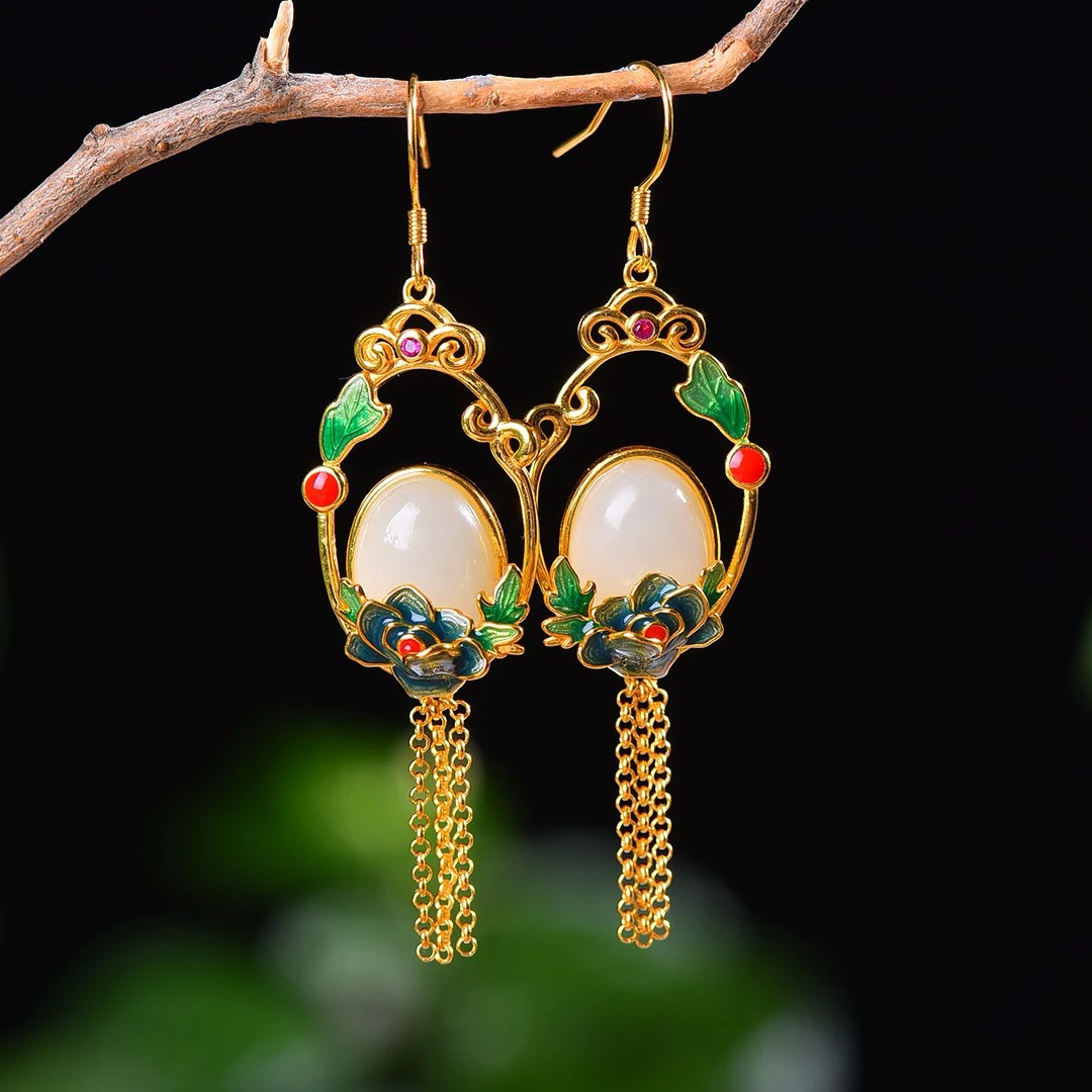 S925银镶嵌天然和田玉花开富贵珐琅流苏耳坠7423