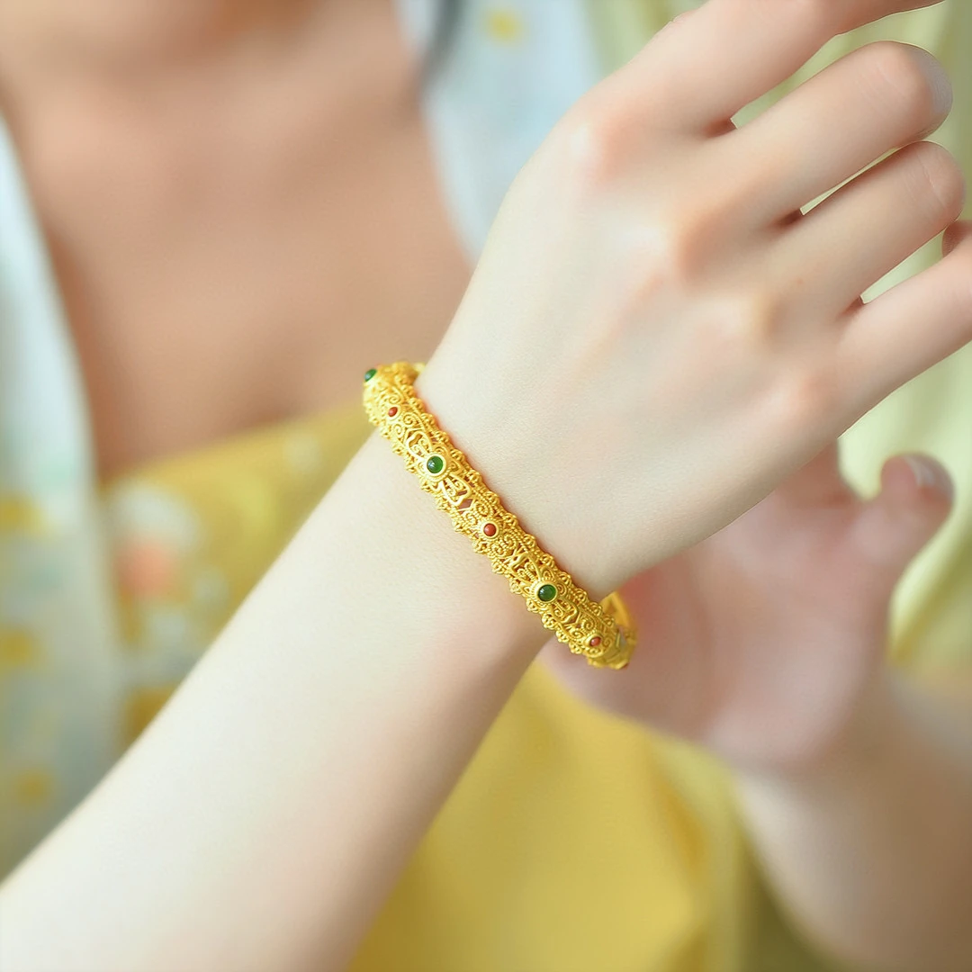 60圈口S925银镶嵌天然和田玉碧玉多宝镂空花丝手镯18607