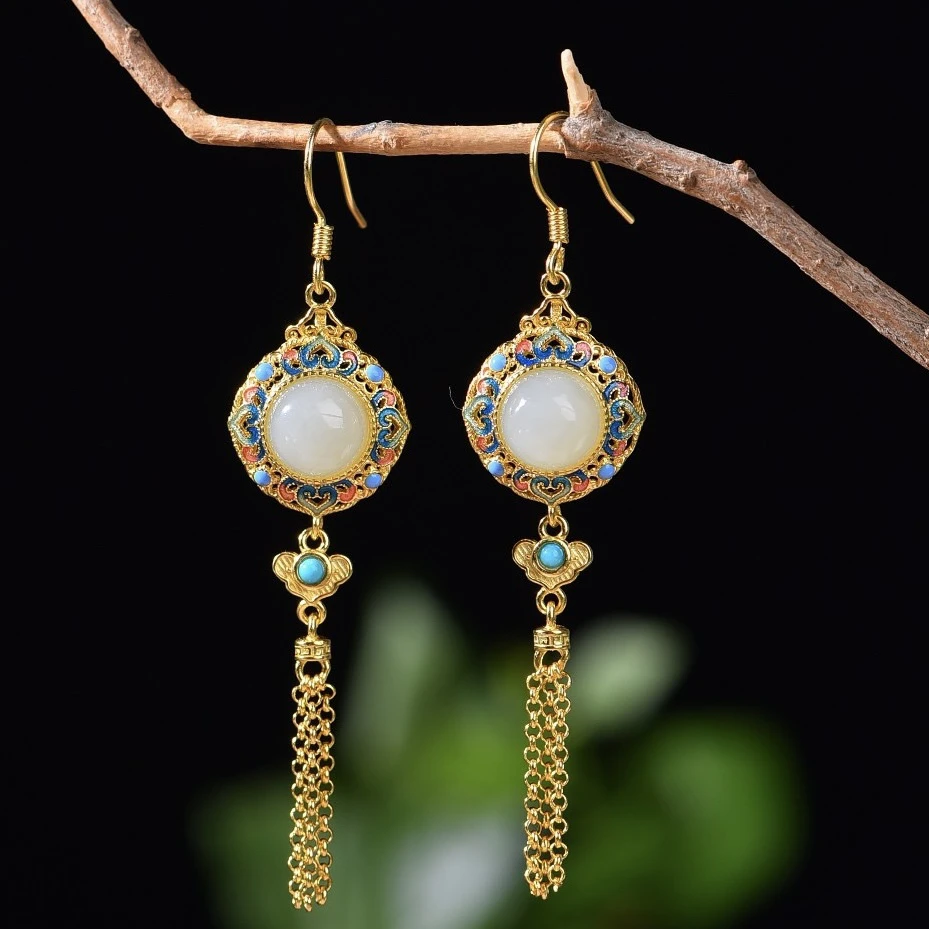 S925银镶嵌天然和田玉新中式花丝珐琅多宝流苏耳坠7794