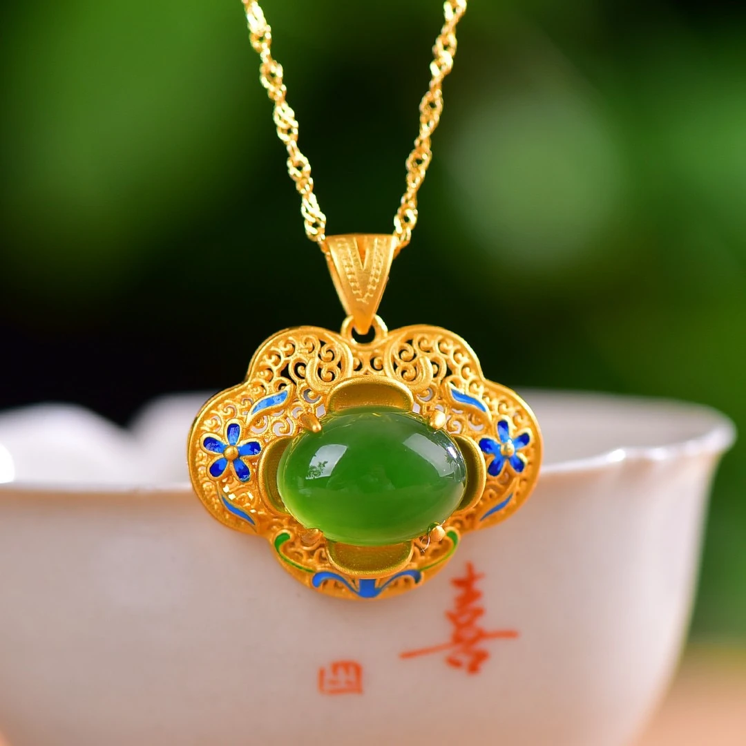 S925银镶嵌天然和田玉碧玉平安如意锁吊坠16010不含链