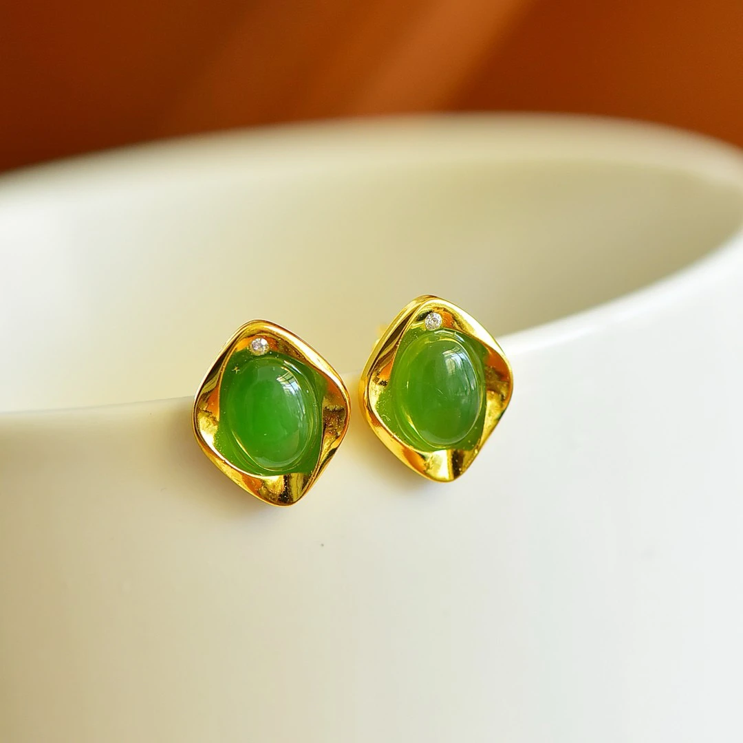 S925银镀金天然和田玉碧玉耳钉12325