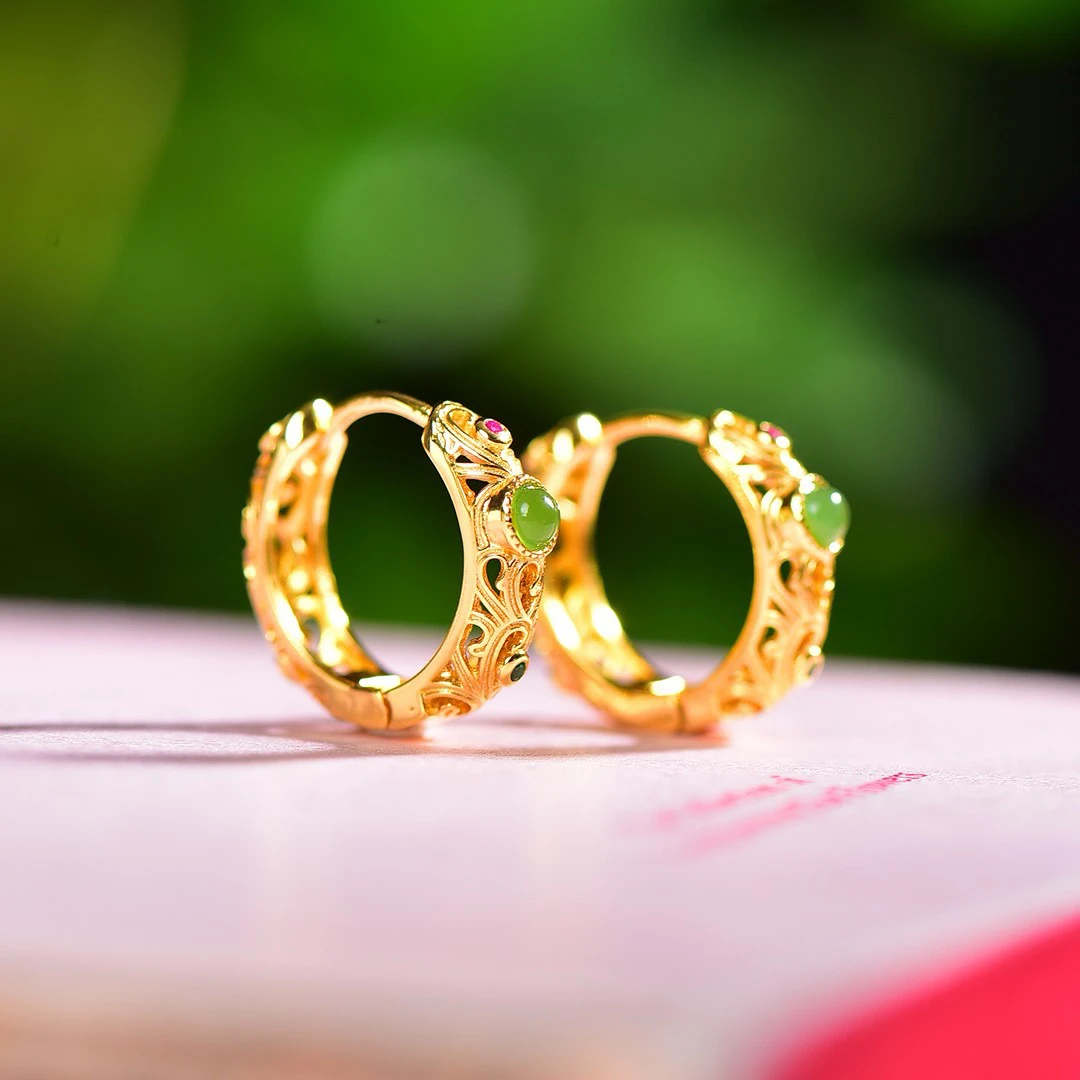 S925银镶嵌天然和田玉碧玉花丝耳环古典新中式耳扣耳坠17078