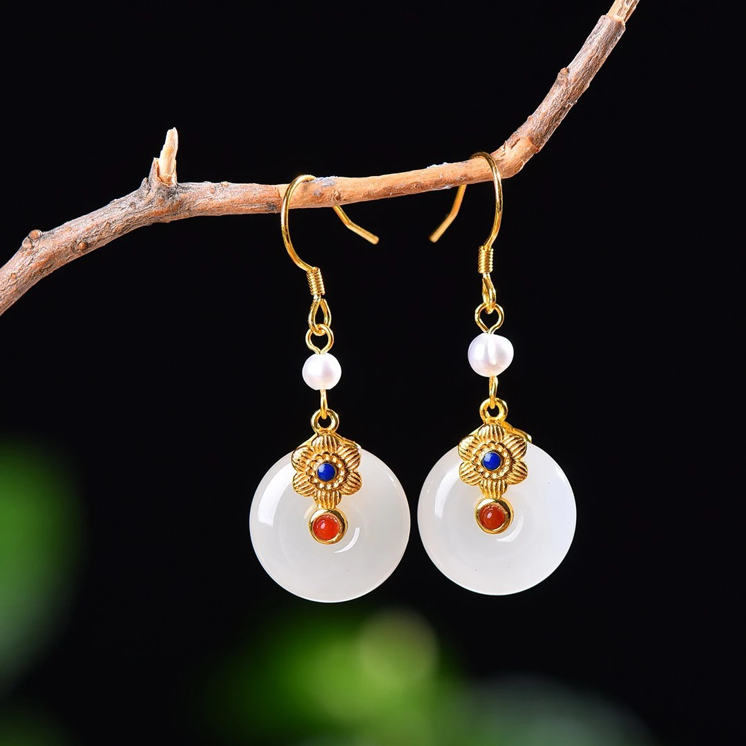 S925银镀金天然和田玉平安扣耳坠7344