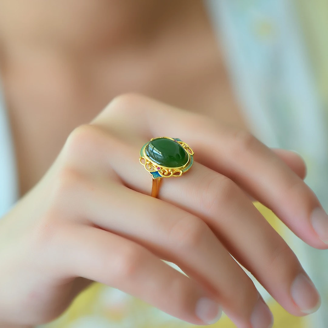 S925银镶嵌天然和田玉碧玉花丝珐琅彩戒指19541