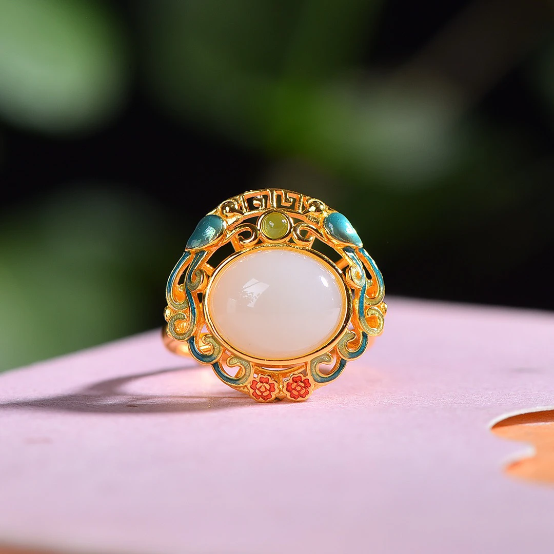 S925银镶嵌天然和田玉蛋面戒指珐琅彩戒指9315