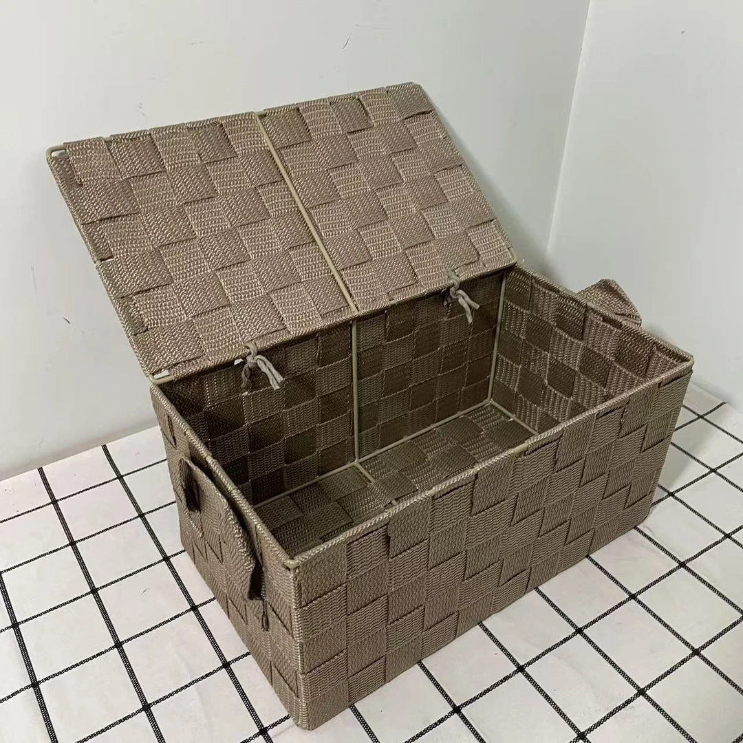 360号微瑕款长29.5宽17高15手工编织带盖收纳筐桌面杂物收纳筐