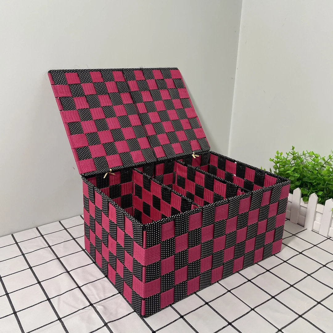 50号枚红色微瑕手工编织收纳筐桌面收纳盒三格储物盒长32宽22高15