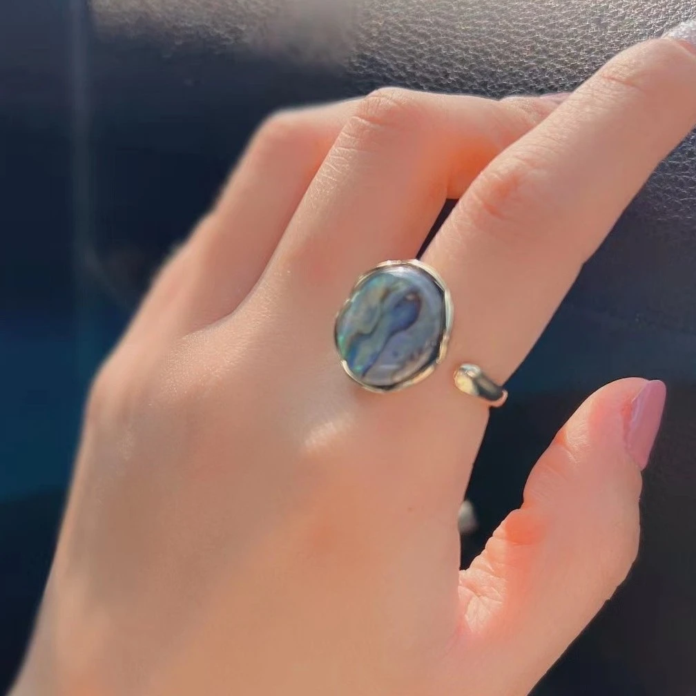 铜合金仿珍珠戒指 幻彩鲍鱼贝小众轻奢戒指活口时尚百搭款食指戒